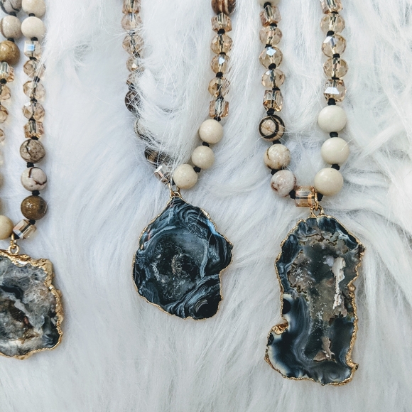 Beaded Raw Solar Quartz Crystal Pendant Necklace - Picture 3 of 12